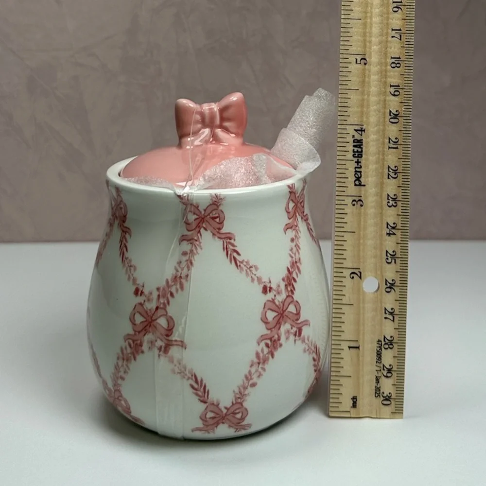 Elegant Pink and White Ceramic Sugar Bowl with Bow Accents